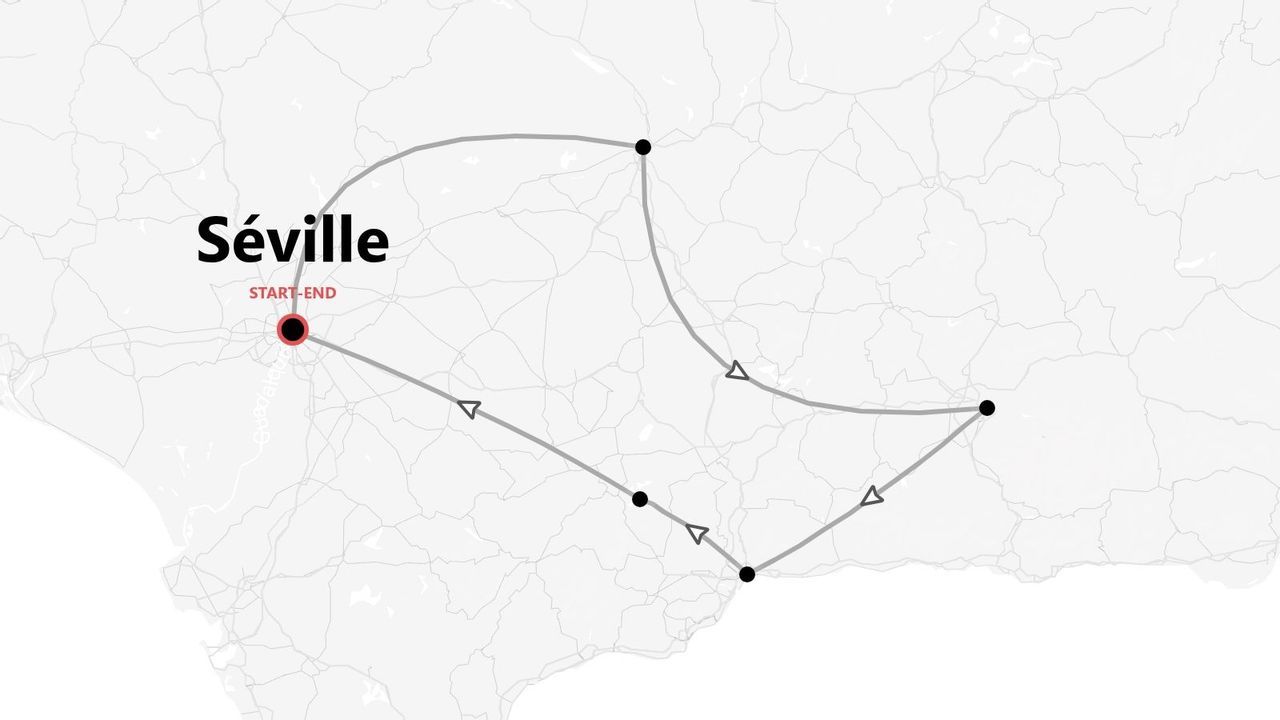 Une carte minimaliste montrant un itinéraire en boucle qui commence et se termine à Séville, Espagne, avec des points d'intérêt le long du parcours.