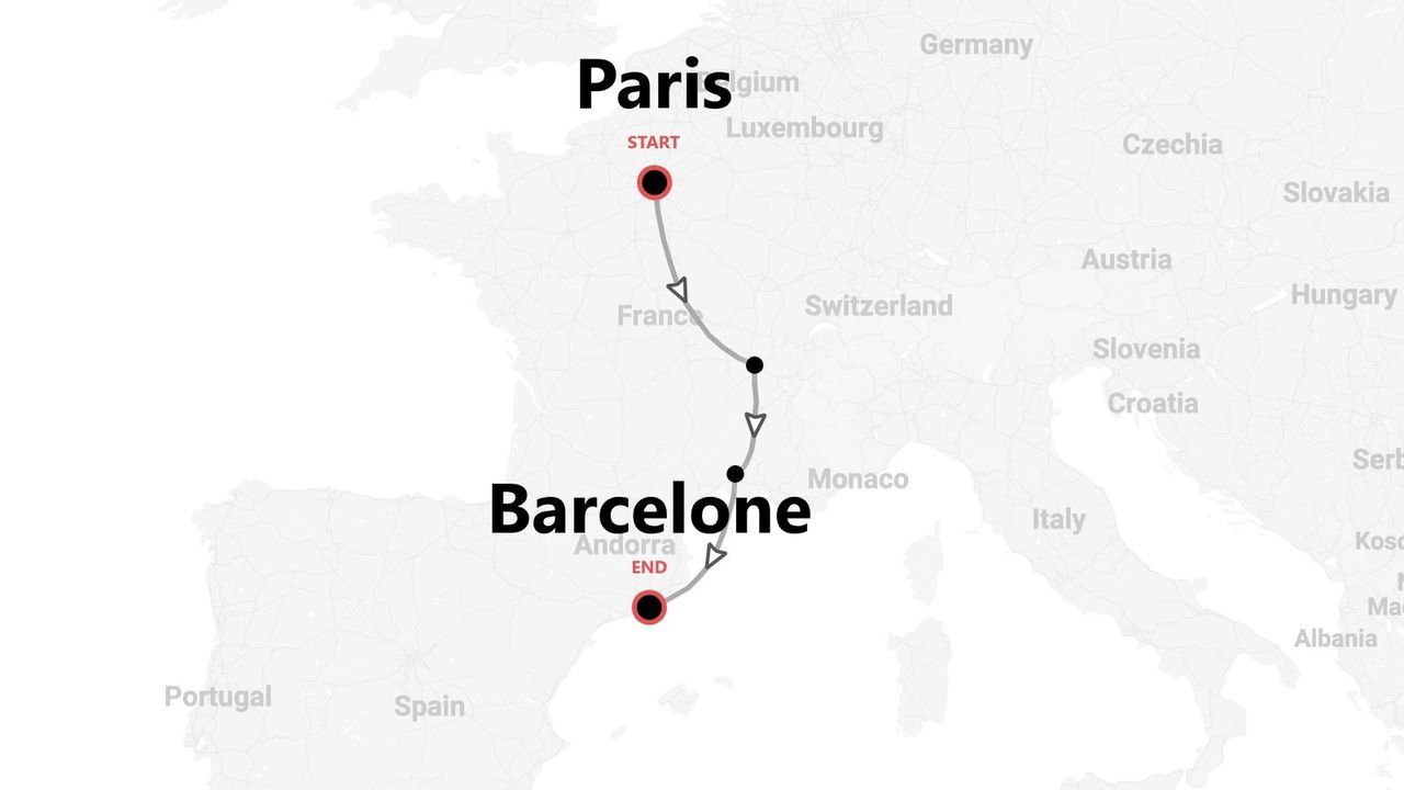 Carte d'un itinéraire de voyage de Paris, France, à Barcelone, Espagne.