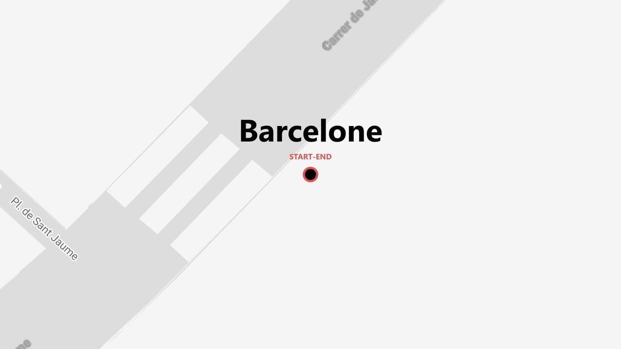 Une carte stylisée de Barcelone indiquant un point de départ et d'arrivée à l'intersection de la Plaça de Sant Jaume et de la Carrer de Jaume I.