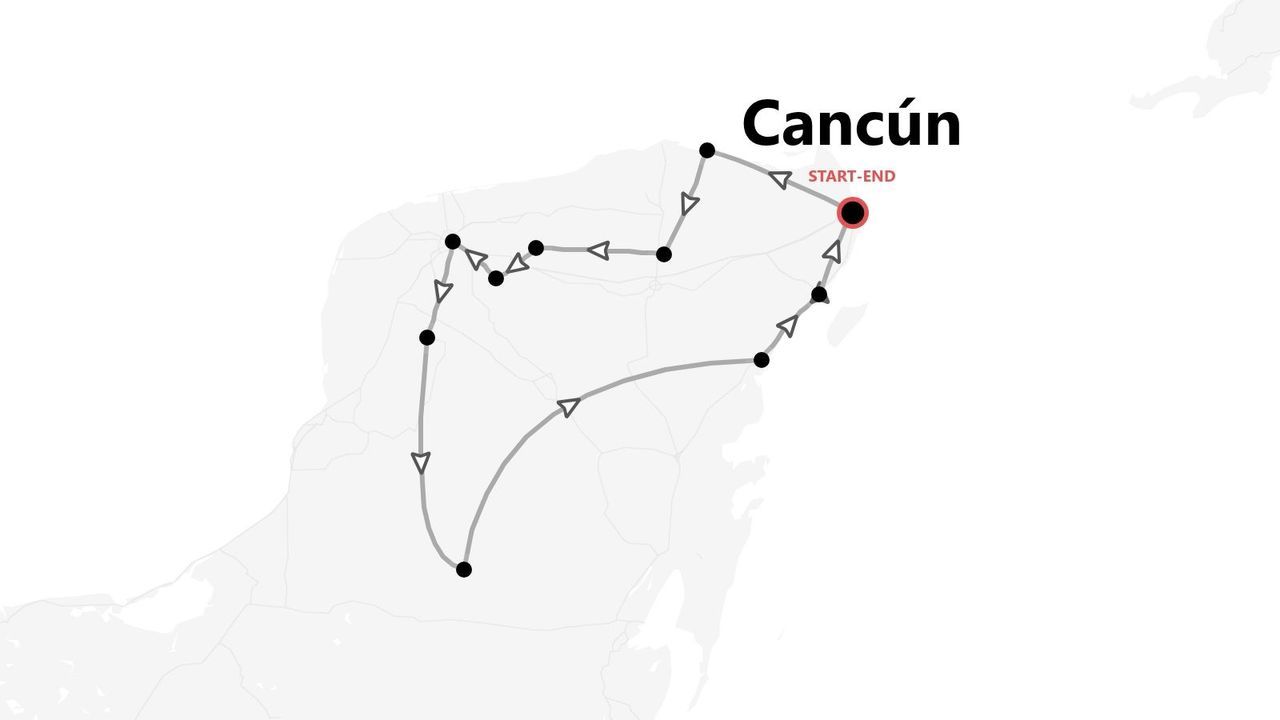 Carte d'un itinéraire de voyage circulaire avec des étapes, au départ et à l'arrivée de Cancún.