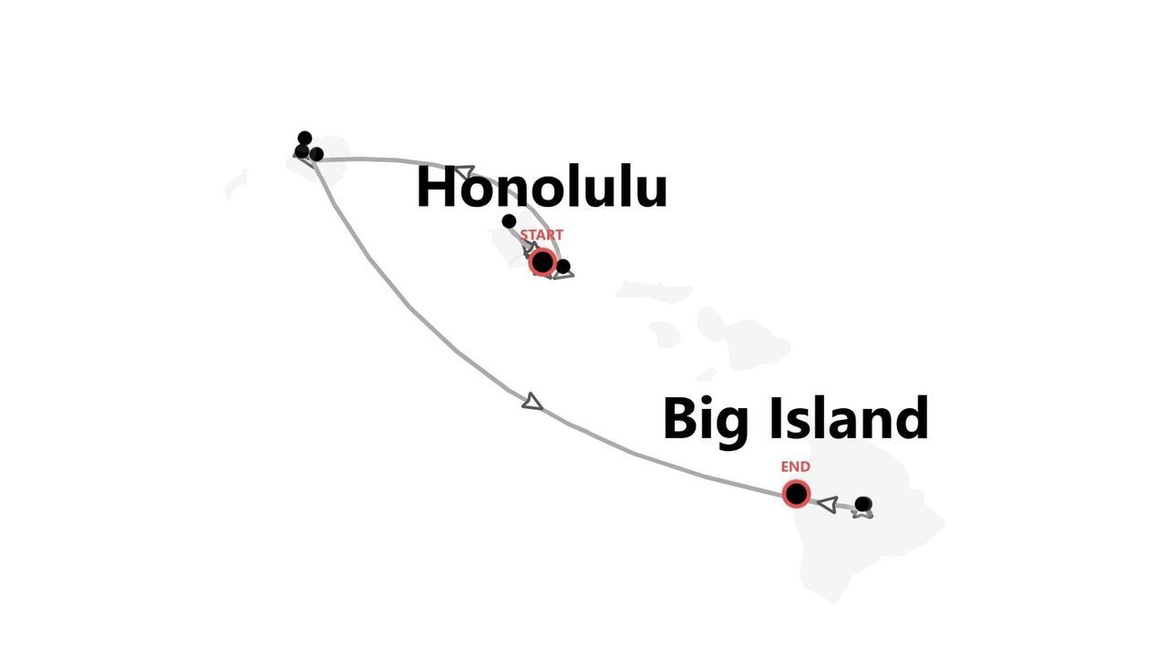 Reiseroute Hawaii: Von Honolulu bis Big Island auf einer Karte.