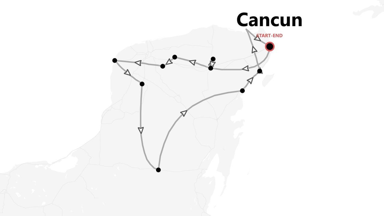 Un mapa estilizado de un itinerario de viaje en una península, con Cancún marcado como punto de inicio y fin de la ruta.