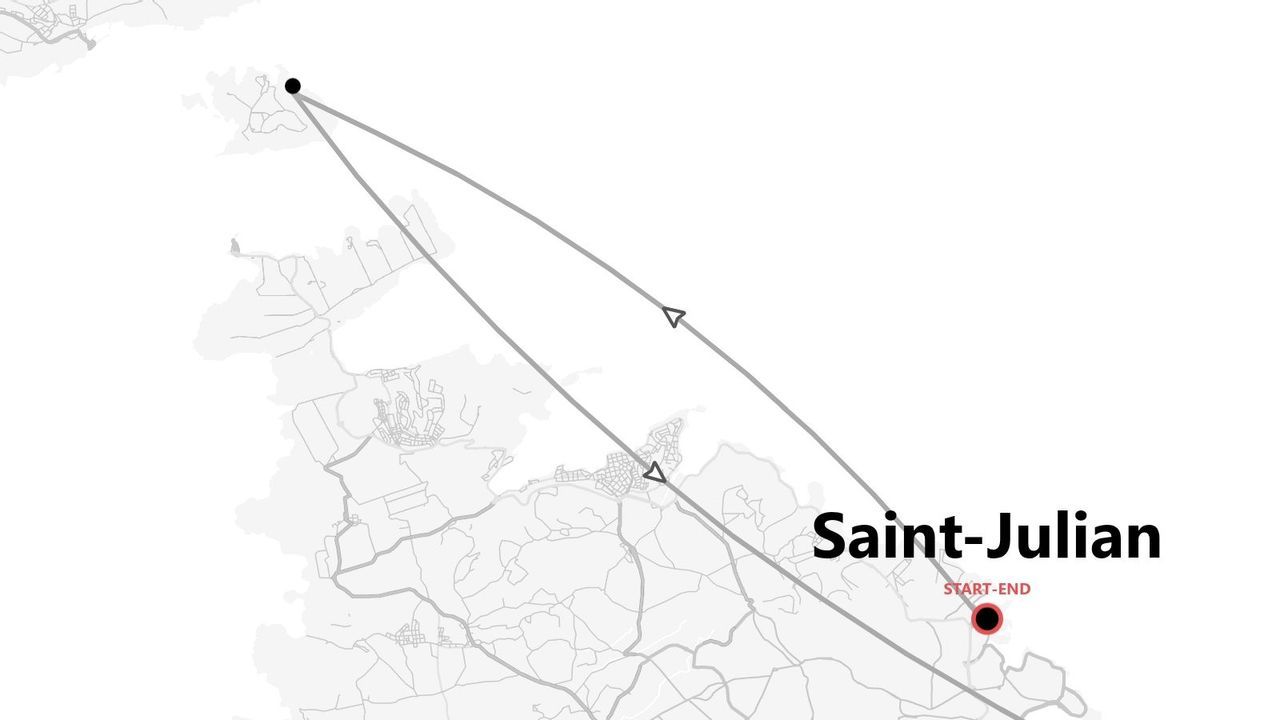 Une carte en niveaux de gris montrant un itinéraire de voyage. Le parcours est une boucle qui commence et se termine à Saint-Julian, marquée d'un point rouge.