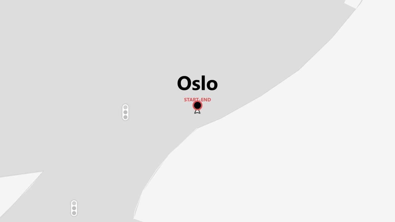 Carte graphique minimaliste d'Oslo, avec une épingle de localisation rouge et noire 'START-END' indiquant la ville.