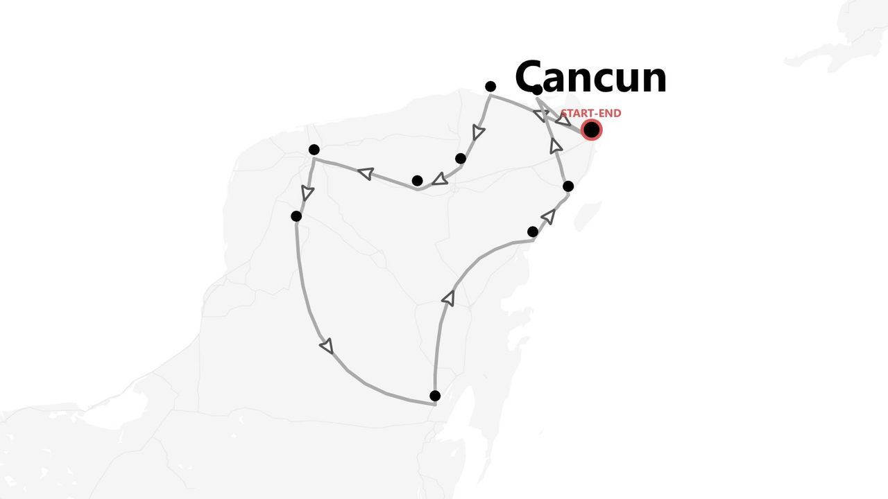 Mappa di un itinerario ad anello con partenza e arrivo a Cancun, tracciato su una sagoma geografica semplificata.