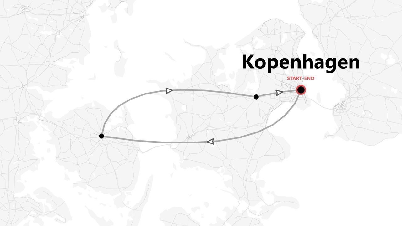 Eine Karte, die eine Rundreise mit Kopenhagen, Dänemark, als Start- und Endpunkt zeigt.
