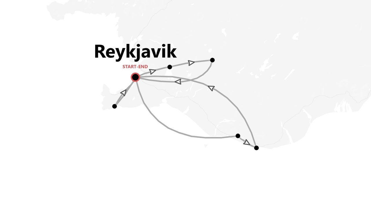 Un mapa estilizado de Islandia mostrando un itinerario turístico con puntos conectados, comenzando y terminando en Reikiavik.