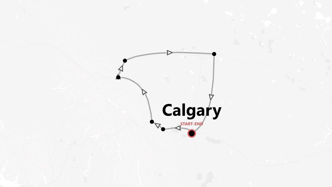 Una mappa minimalista che mostra un itinerario di viaggio circolare con più tappe che inizia e finisce a Calgary.
