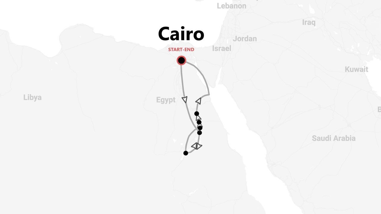 Mappa: itinerario turistico in Egitto, dal Cairo al sud.