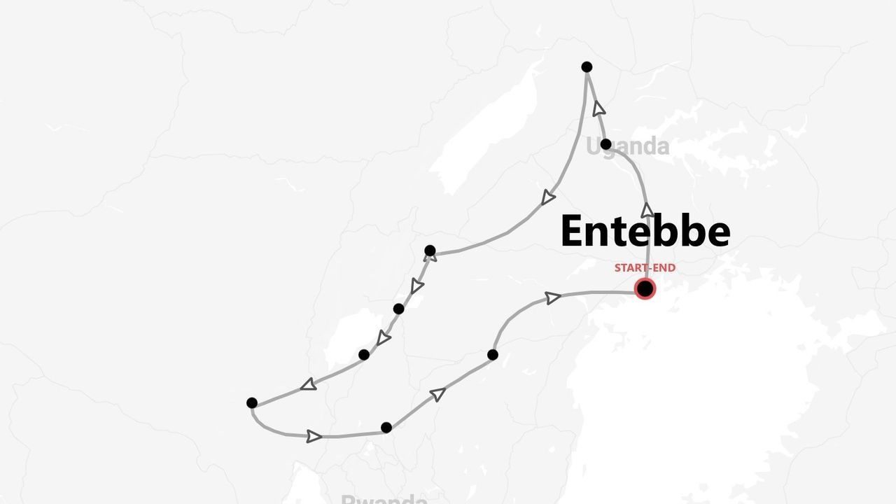 Un mapa que muestra un itinerario de viaje que comienza y termina en Entebbe, con la ruta pasando por Uganda.