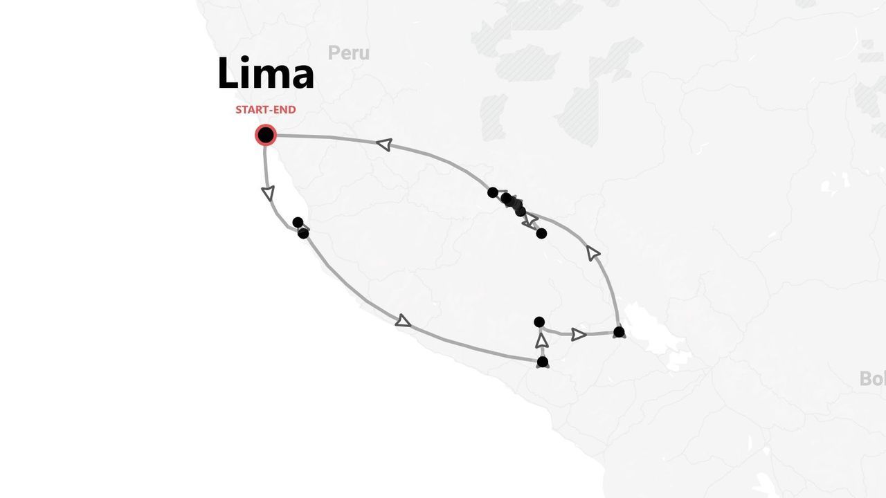 A map of a travel itinerary in Peru, showing a circular route that starts and ends in Lima.