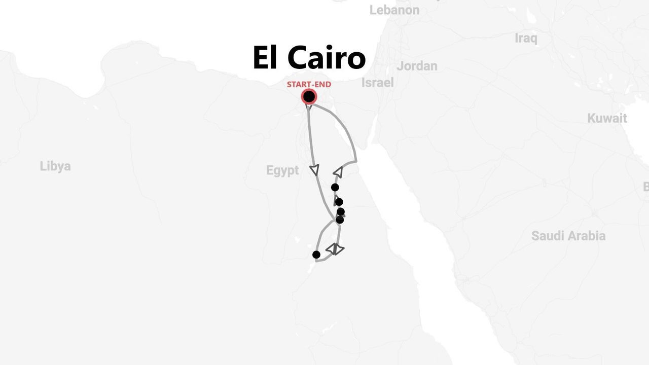 Un mapa de Egipto mostrando un itinerario de viaje que comienza y termina en El Cairo, viajando hacia el sur por el país.