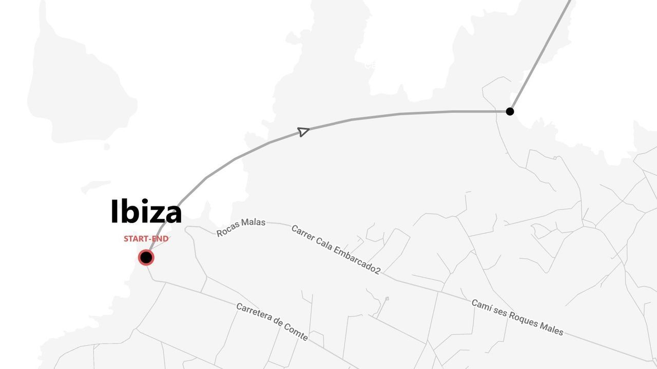 Un mapa minimalista que muestra una ruta en Ibiza, con los puntos de inicio y fin marcados en la costa cerca de Carretera de Comte.