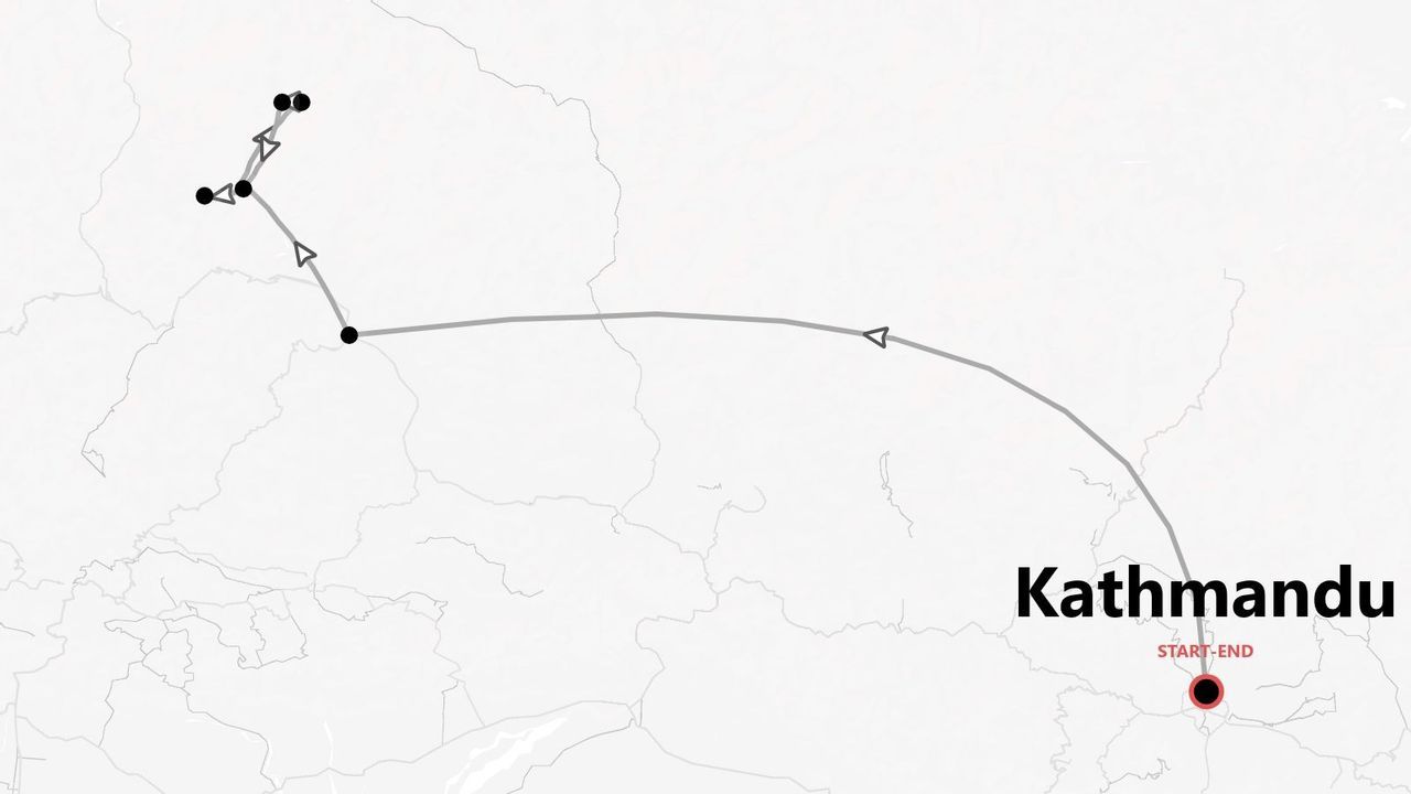 Mapa de un itinerario de viaje circular que comienza y termina en Katmandú, con varias paradas.