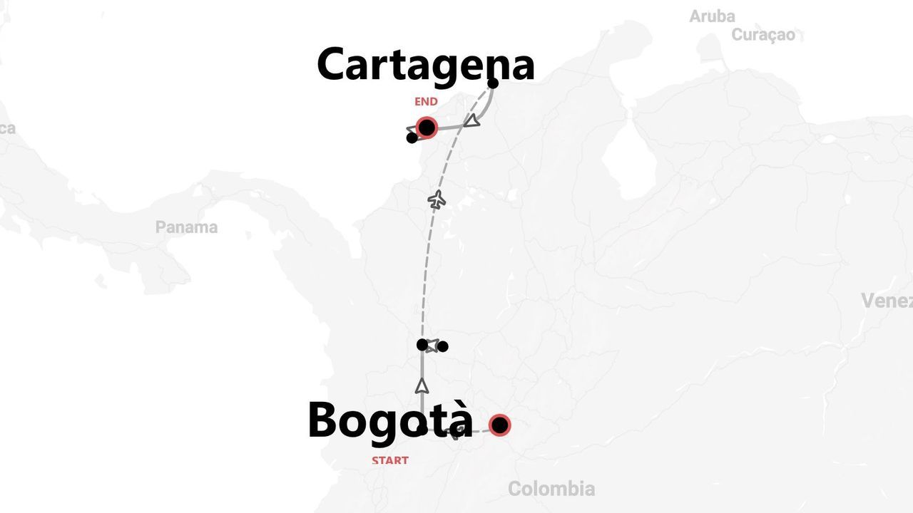 Eine Reiseroute durch Kolumbien auf einer Karte, beginnend in Bogotà und endend in Cartagena.