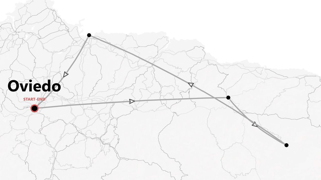 Mapa de un itinerario de viaje que comienza y termina en Oviedo, con la ruta marcada por líneas y puntos.