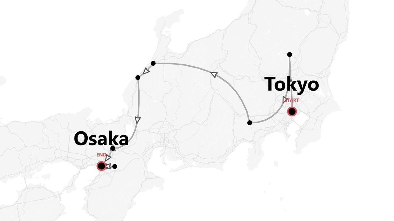 Un mapa estilizado de Japón mostrando una ruta de viaje con puntos de interés, comenzando en Tokio y terminando en Osaka.