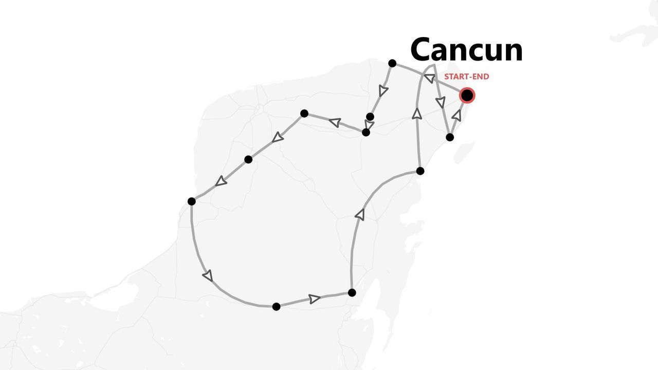 Eine Karte, die eine Rundreise-Route zeigt, die in Cancún beginnt und endet, dargestellt auf einer vereinfachten regionalen Karte.