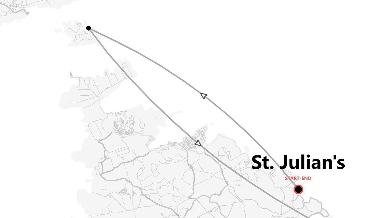 Eine schwarz-weiße Karte, die eine Rundreise mit Start- und Endpunkt in St. Julian's zeigt.