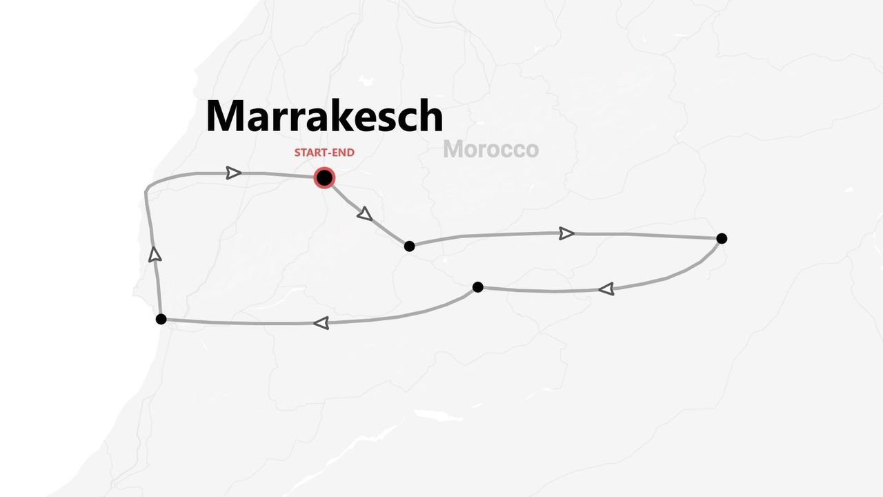 Eine Karte einer Reiseroute in Marokko, die eine Rundreise zeigt, die in Marrakesch beginnt und endet.