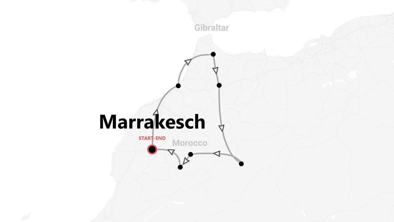 Eine Karte einer Rundreise durch Marokko, die in Marrakesch beginnt und endet.