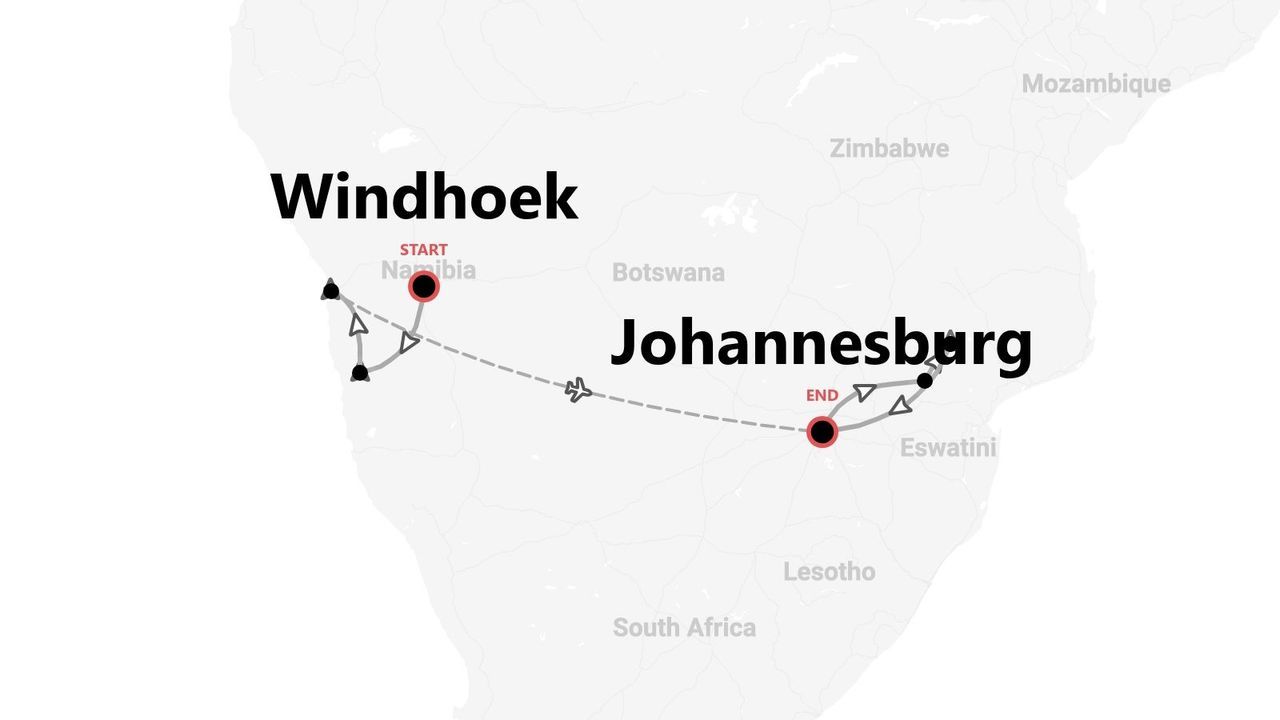 Eine Karte mit einer Reiseroute von Windhoek, Namibia nach Johannesburg, Südafrika.