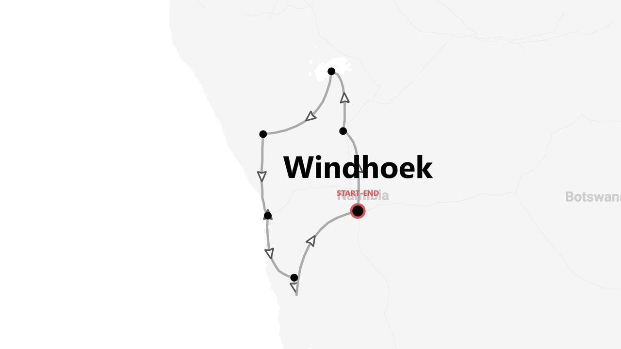 Karte einer Rundreise in Namibia, die in Windhoek beginnt und endet.