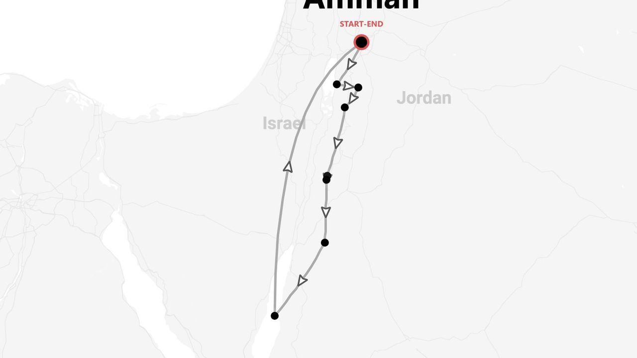 Reiseroute Jordanien und Israel auf einer Karte, beginnend und endend in Amman.