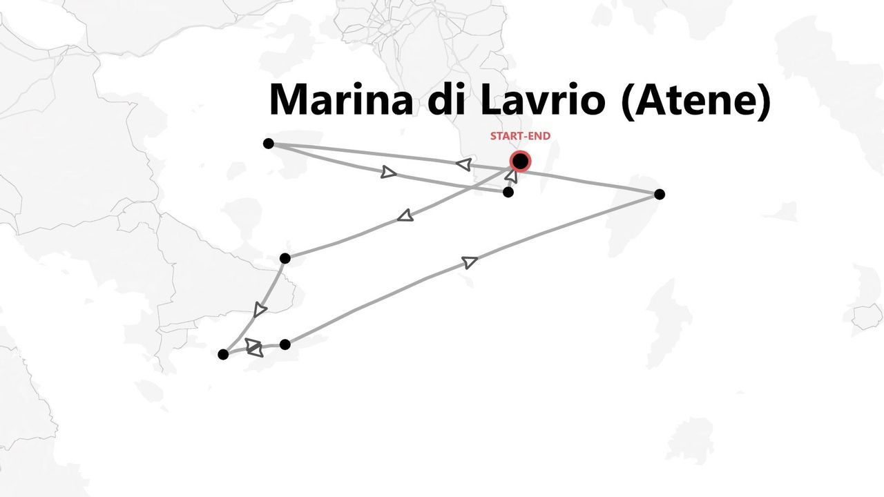 Una mappa che mostra un itinerario di viaggio con partenza e arrivo a Marina di Lavrio (Atene).