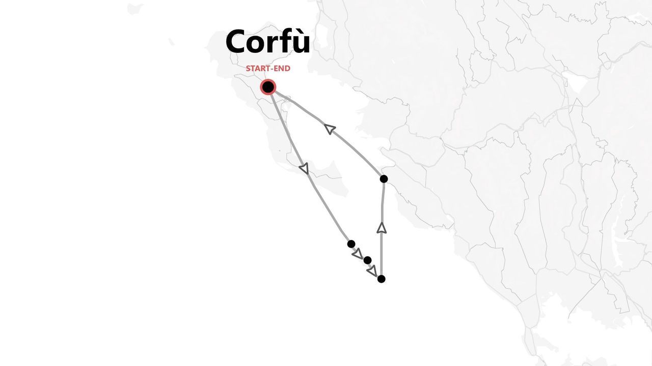 Mappa stilizzata di itinerario di viaggio circolare a Corfù, con un unico punto di partenza e arrivo.
