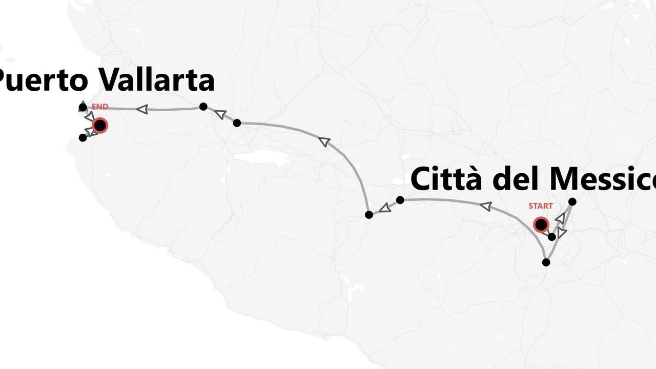 Mappa itinerario di viaggio da Città del Messico a Puerto Vallarta, Messico.