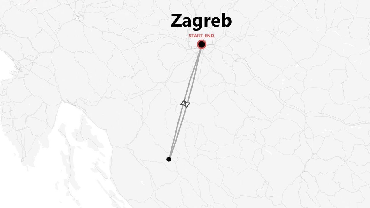 Une carte illustrant un itinéraire de voyage aller-retour au départ et à l'arrivée de Zagreb.