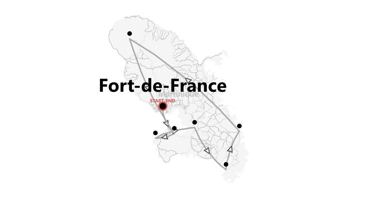Mappa in bianco e nero della Martinica: itinerario di viaggio con partenza e arrivo a Fort-de-France.