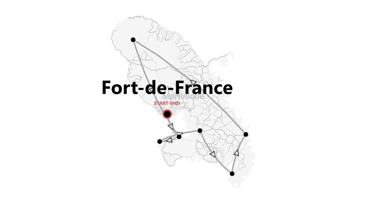 Une carte de la Martinique montrant un itinéraire de voyage qui commence et se termine à Fort-de-France, avec des arrêts indiqués par des points noirs.
