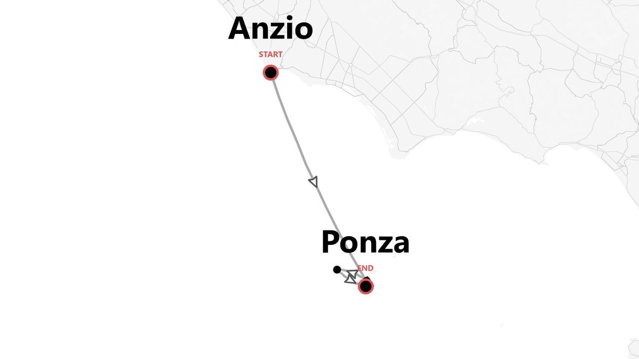 Mappa del percorso da Anzio a Ponza.