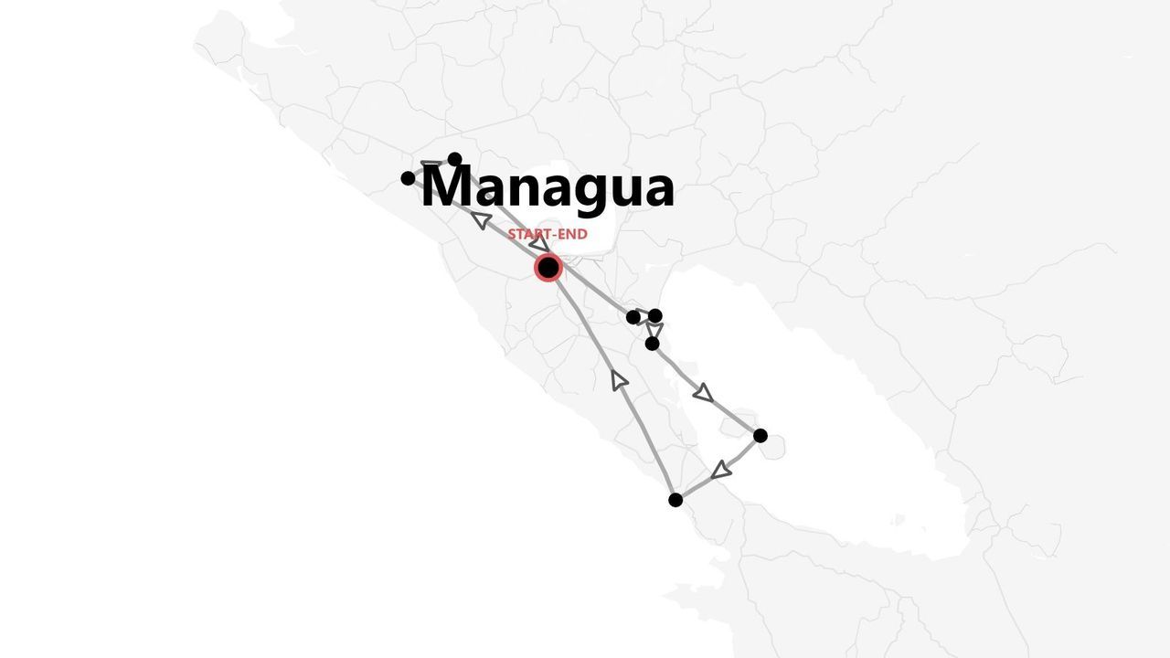 Une carte stylisée présentant un itinéraire de voyage débutant et se terminant à Managua, signalée par un cercle rouge.