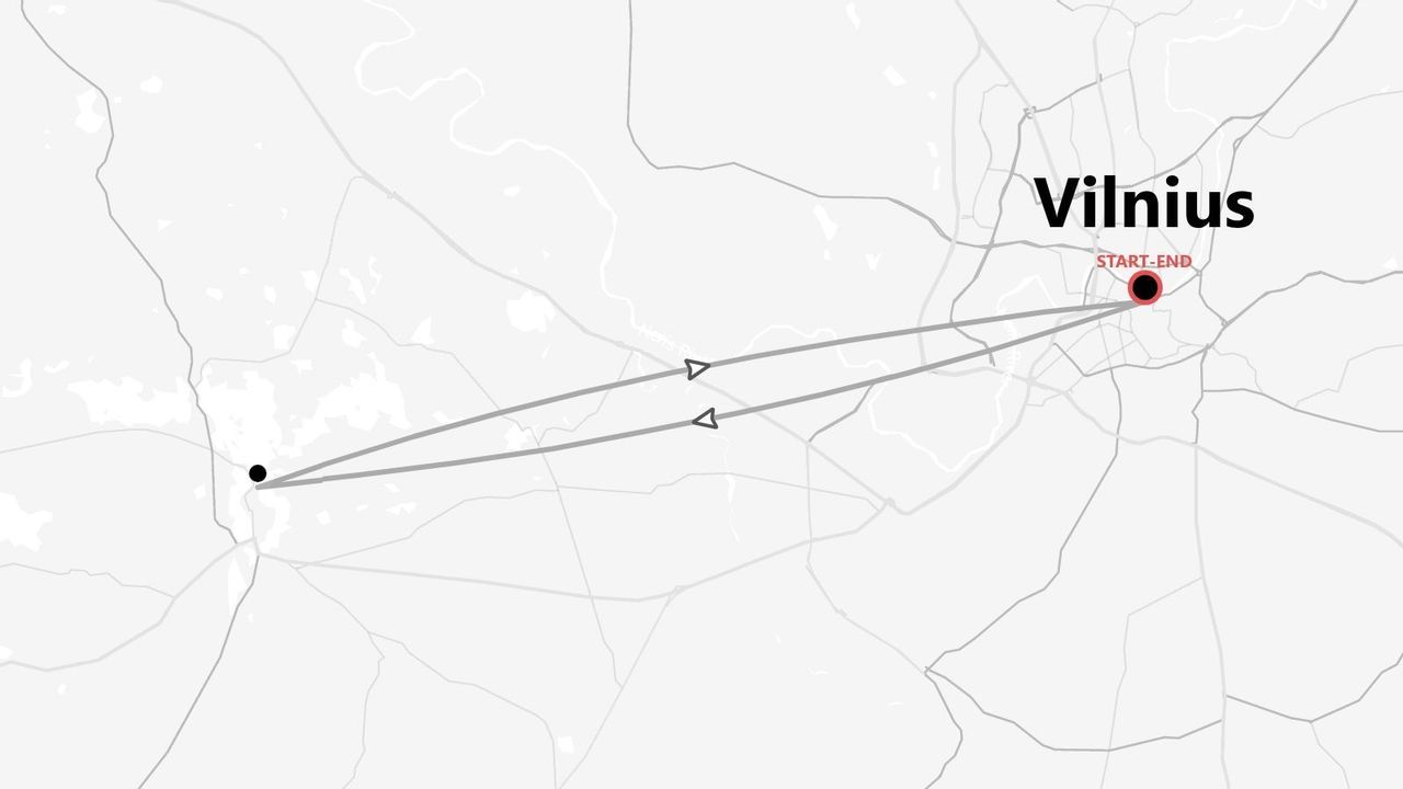 Mappa in bianco e nero che illustra un itinerario di viaggio circolare con partenza e arrivo a Vilnius.