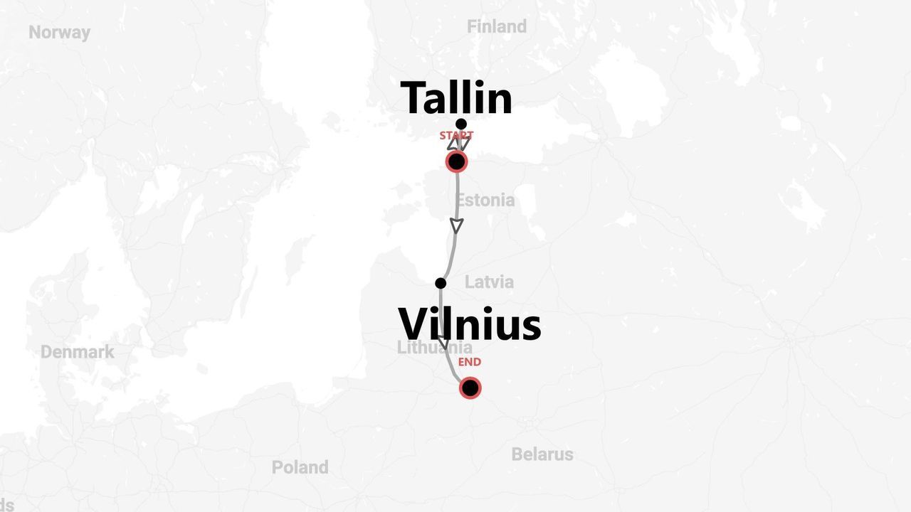 Eine Karte, die die Reiseroute von Tallinn, Estland, nach Vilnius, Litauen, über Lettland zeigt.
