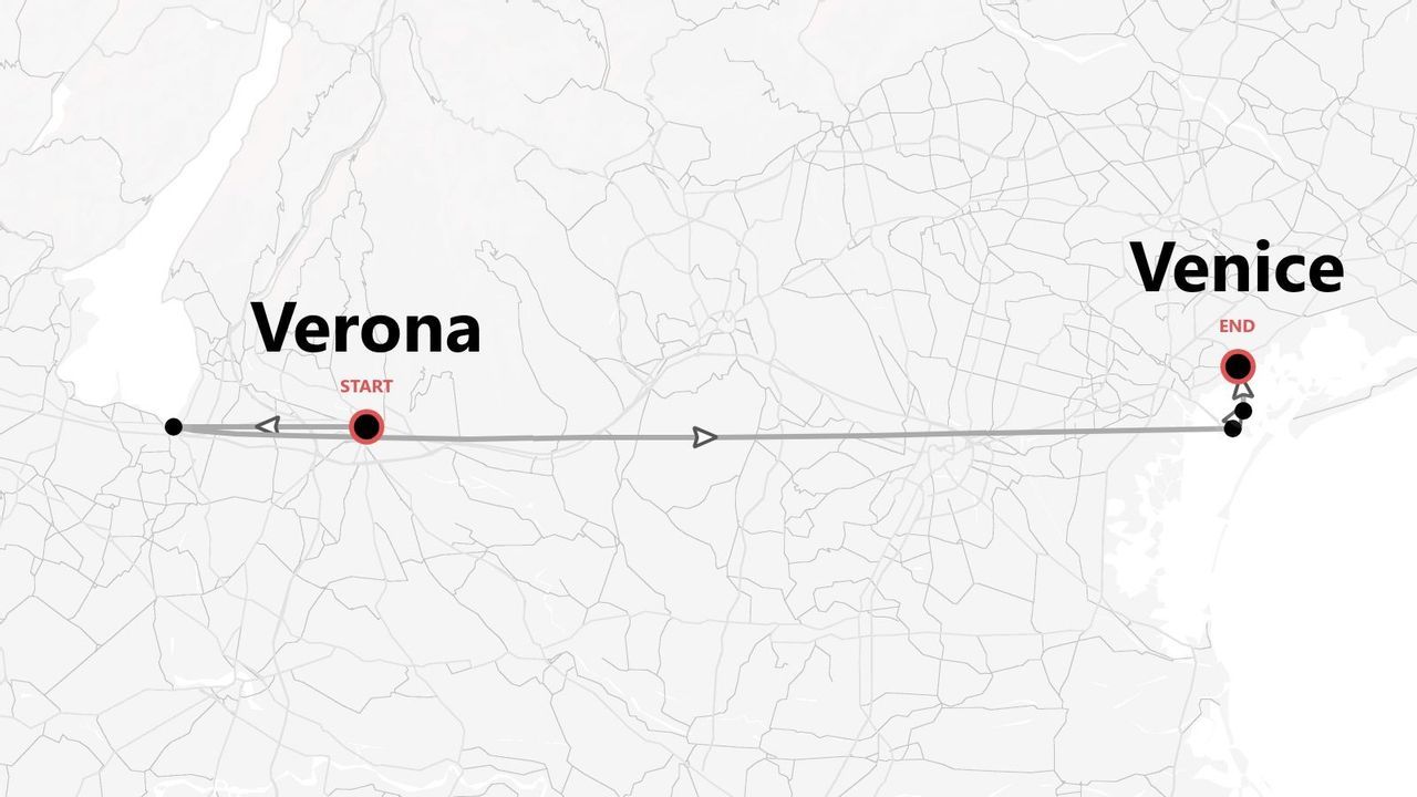 A map showing a route from the start point in Verona to the end point in Venice, Italy.