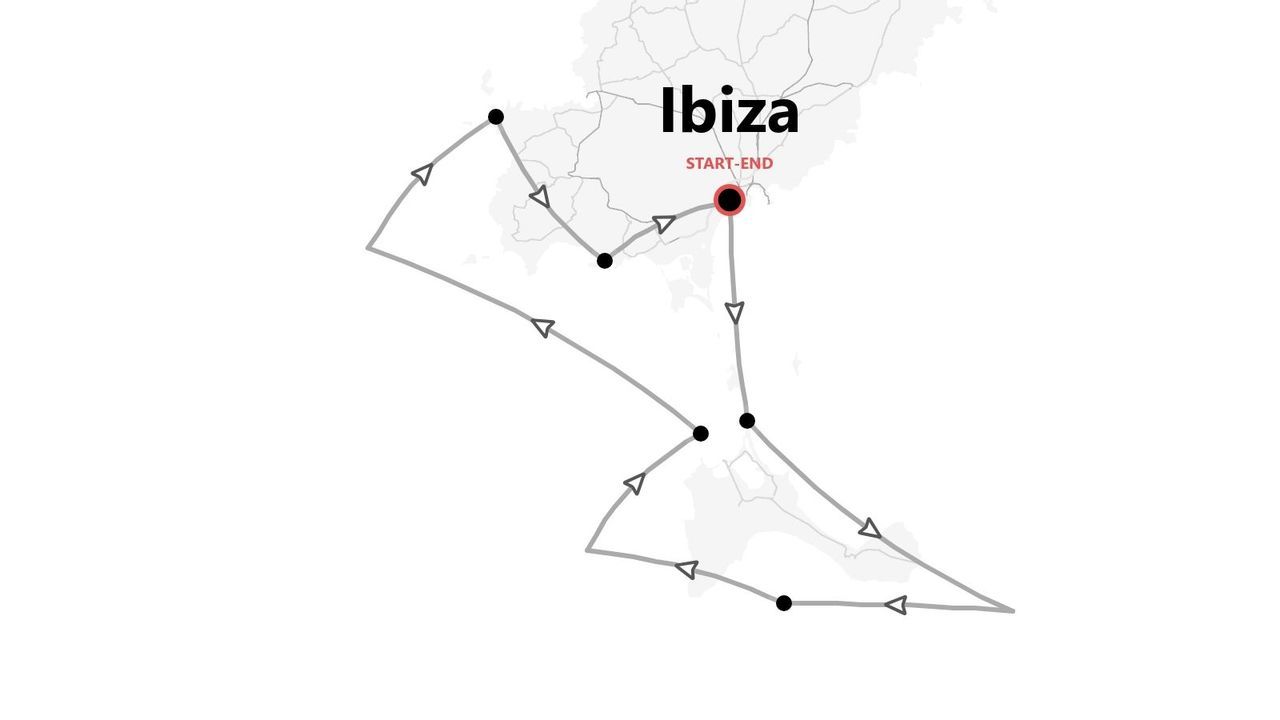 Mappa di un tour di Ibiza, con itinerario, tappe e un unico punto di partenza e arrivo.