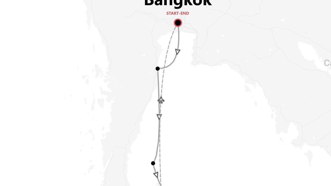 Una mappa di un itinerario di viaggio che mostra un percorso con partenza e arrivo a Bangkok, con segmenti di volo e via terra.