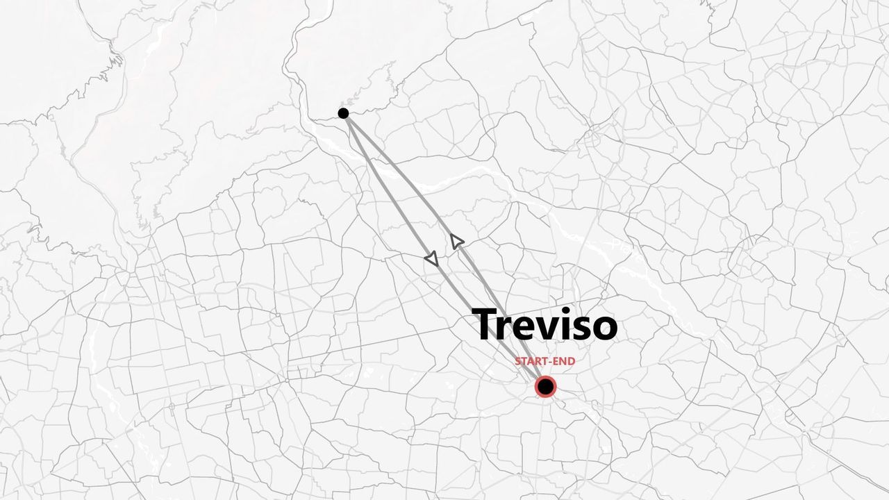 Mappa schematica di un itinerario ad anello con partenza e arrivo a Treviso.