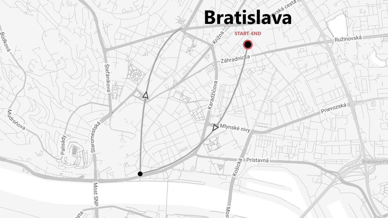 Un mapa callejero estilizado de Bratislava que muestra una ruta con un punto de inicio y fin comunes, marcada por un círculo rojo.