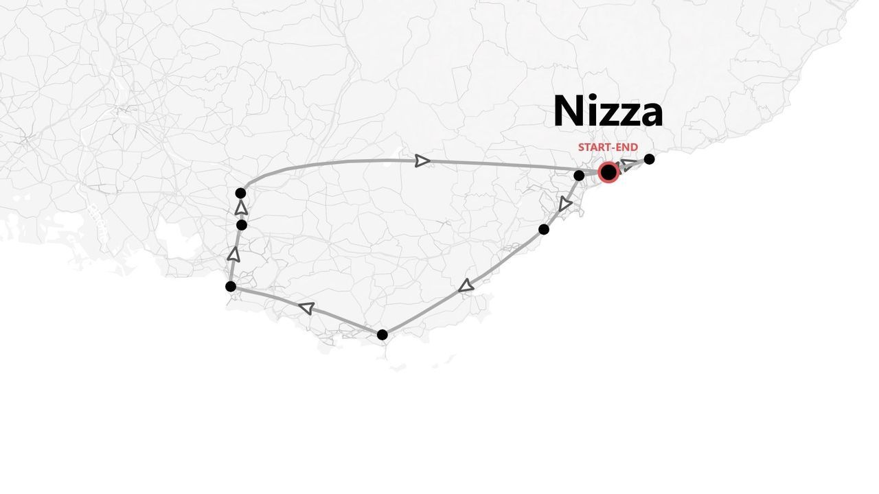 Una mappa che mostra un itinerario di viaggio circolare con tappe, con partenza e arrivo a Nizza.