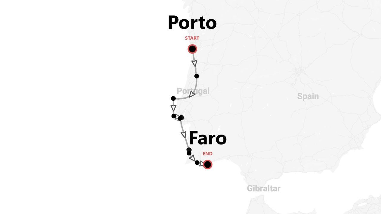 Mappa di un itinerario di viaggio in Portogallo, da Porto a Faro, con tappe lungo il percorso.