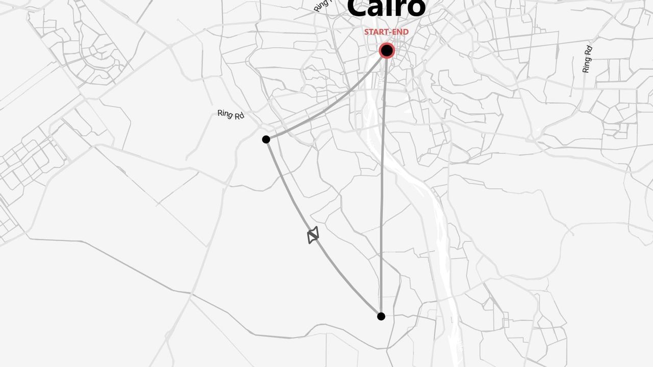 A stylized black-and-white map showing a travel itinerary that starts and ends in Cairo.