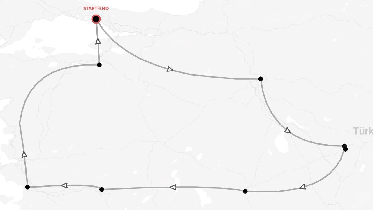 A map showing a tour itinerary for a trip through Turkey, illustrated as a loop with a start-end point and multiple stops.