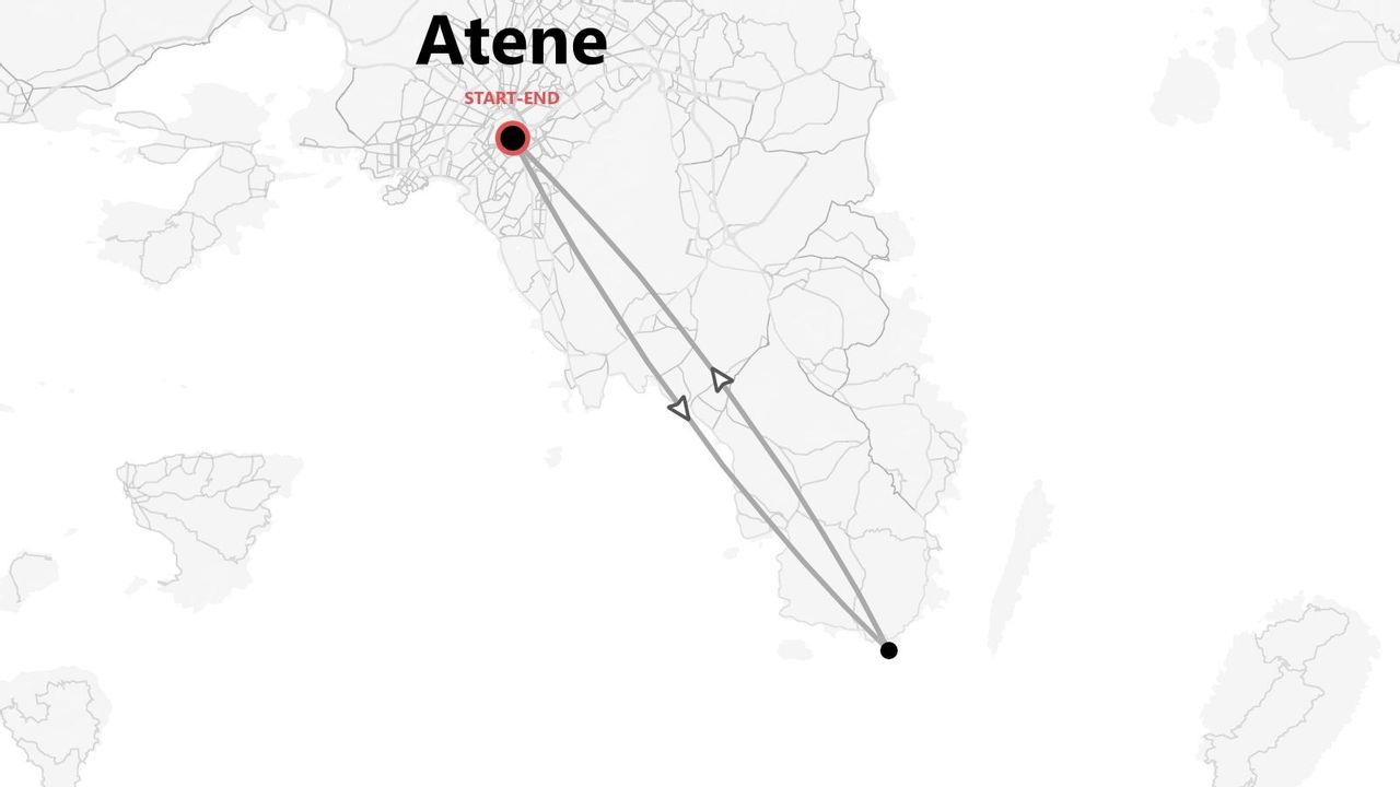 A stylized map showing a round-trip travel itinerary starting and ending in Atene (Athens).