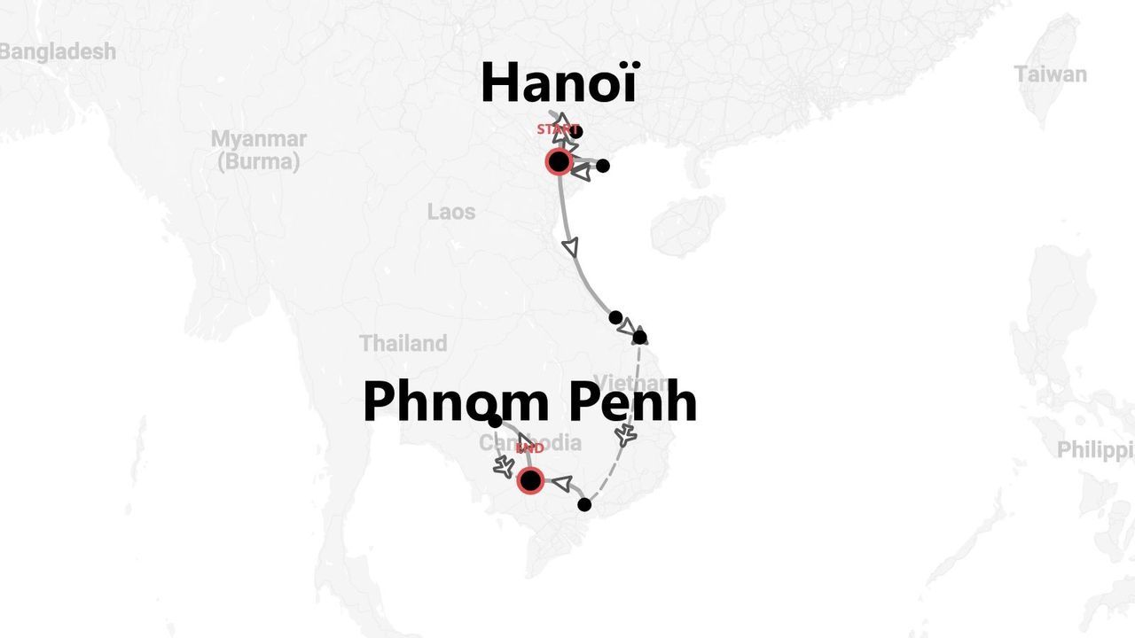 Une carte montrant un itinéraire de voyage de Hanoï au Vietnam à Phnom Penh au Cambodge, avec des points de passage le long du parcours.