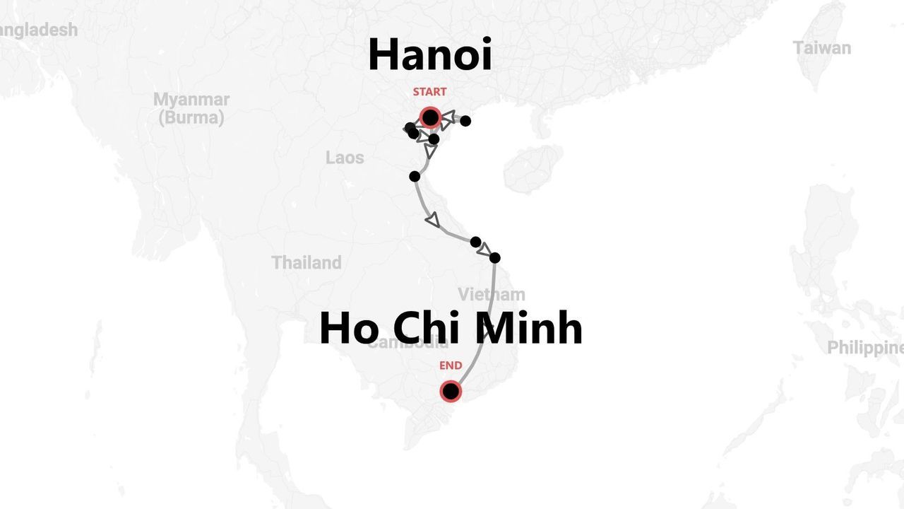 Une carte du Vietnam illustrant un itinéraire de voyage débutant à Hanoï et se terminant à Hô Chi Minh-Ville.